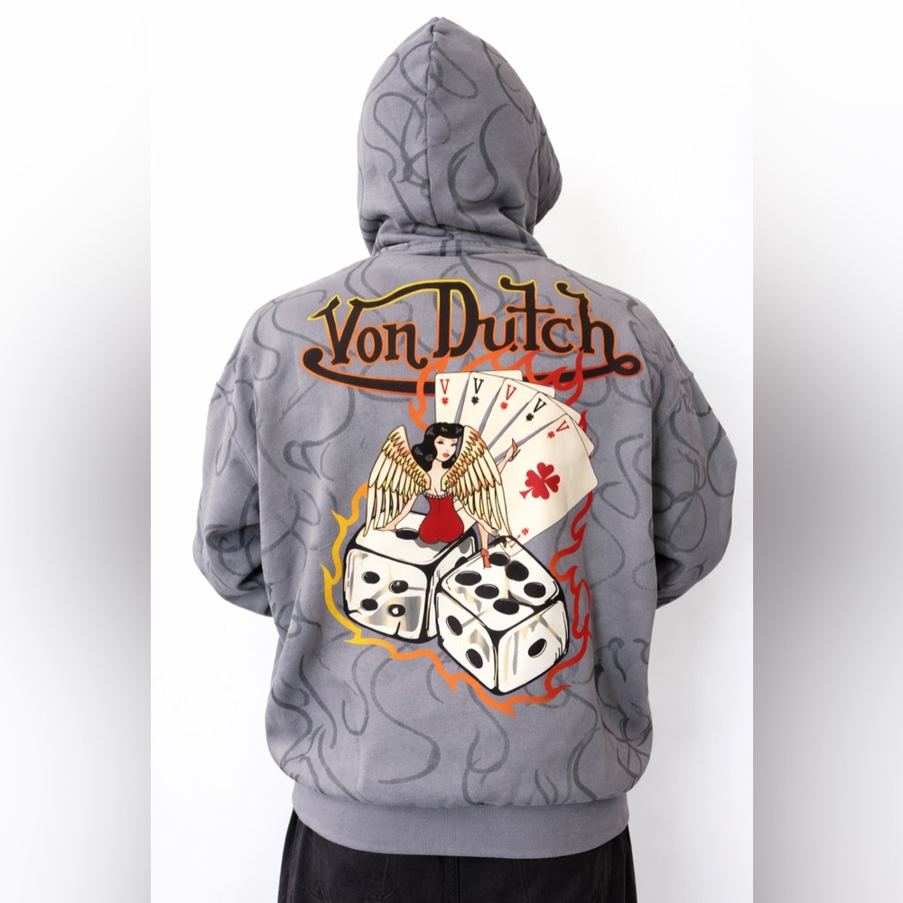 Von Dutch Gray Hoodie with Dice and Cards Design
